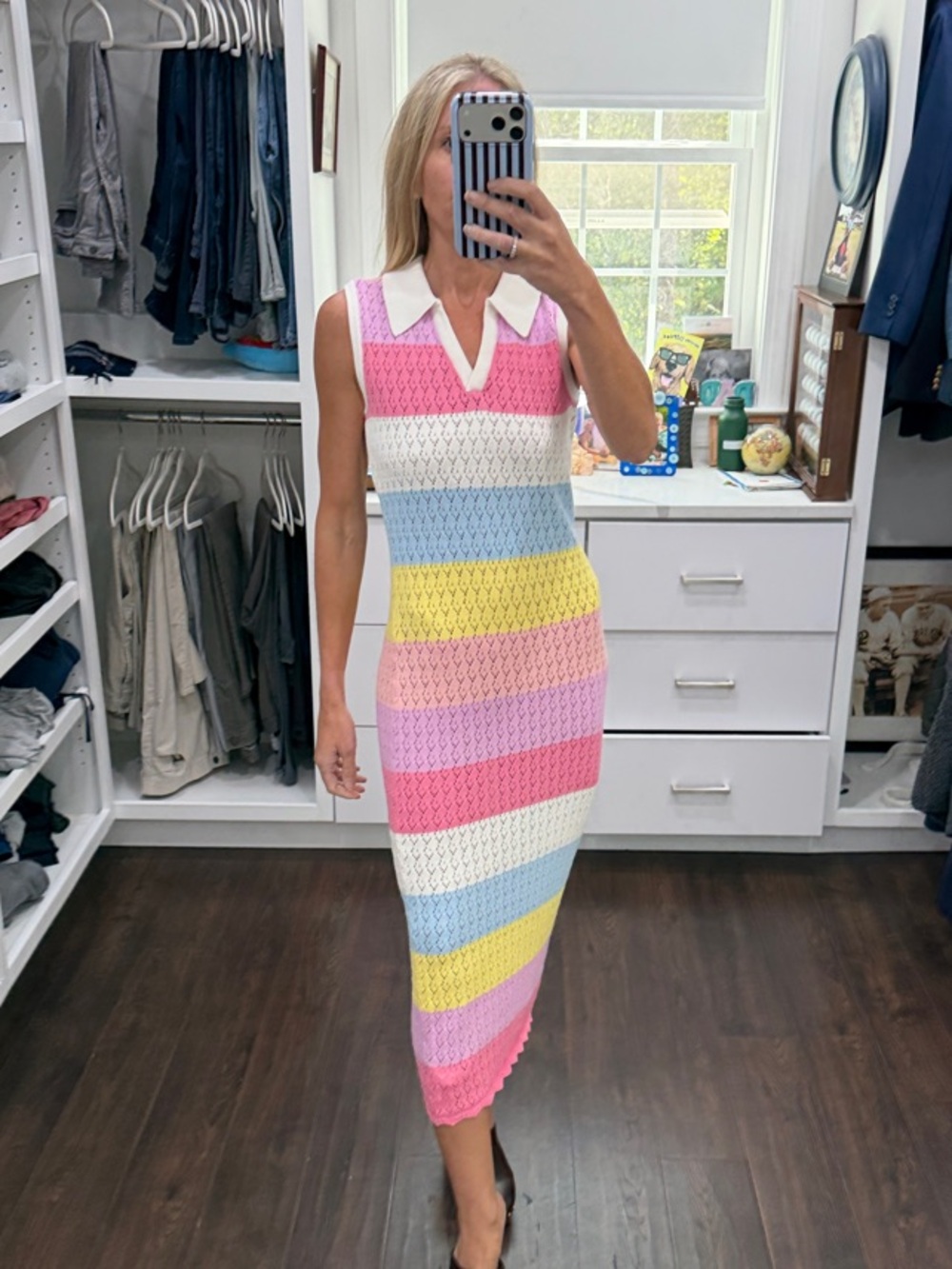 English Factory Pastel Striped Sleeveless Midi Dress with Collar